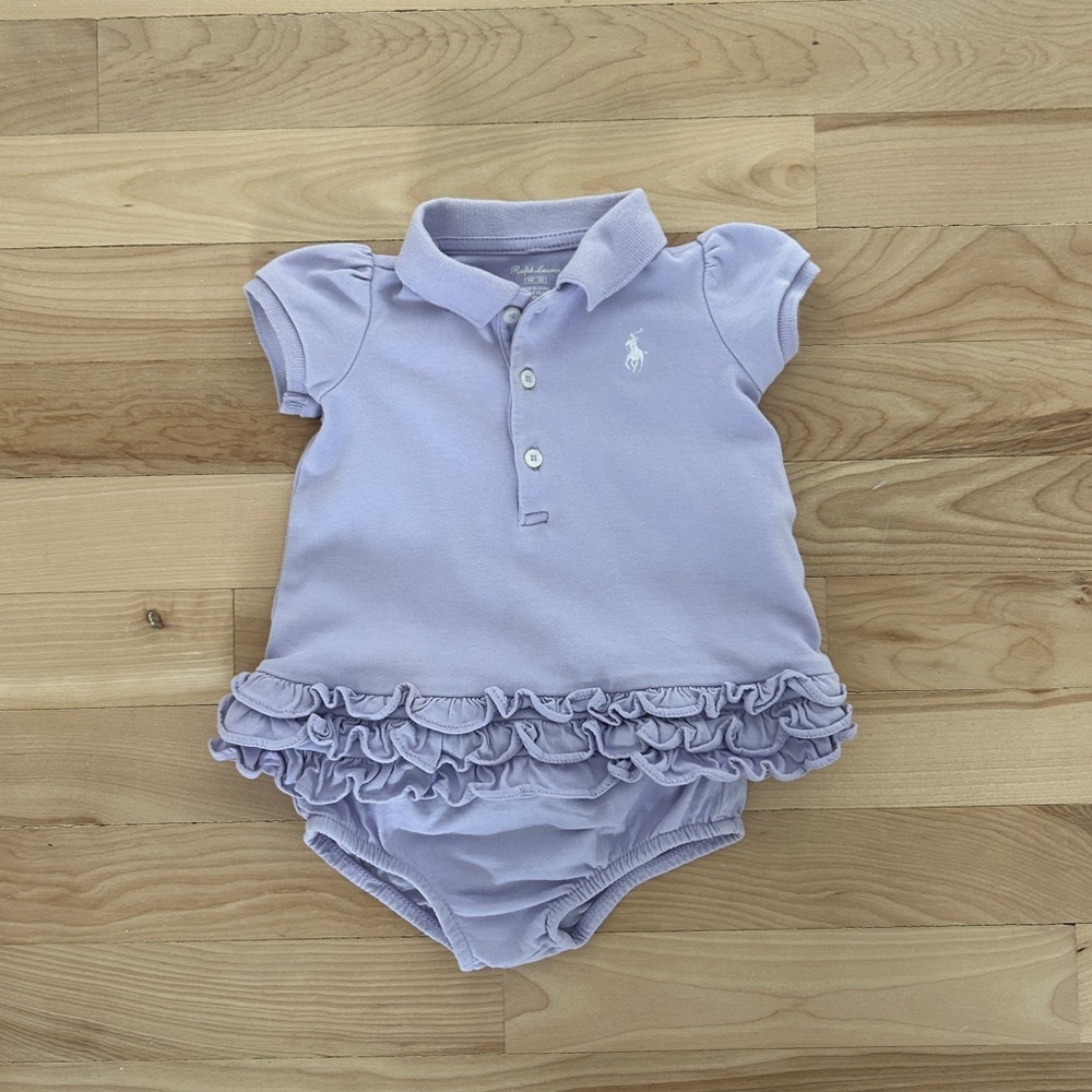 Ralph Lauren Baby Girl Outfit 3M Purple Ruffle Polo Dress Bloomers 2 Piece Set